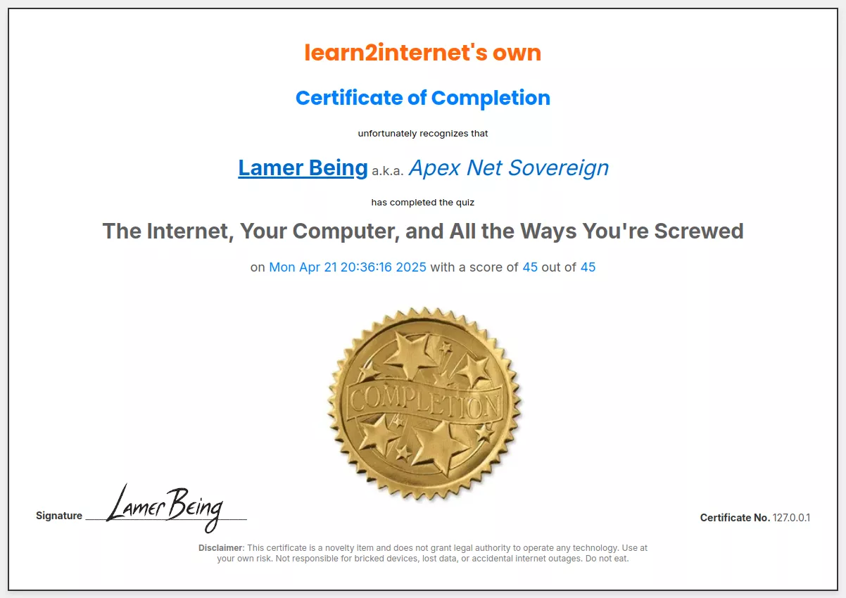 Sample learn2internet novelty certificate